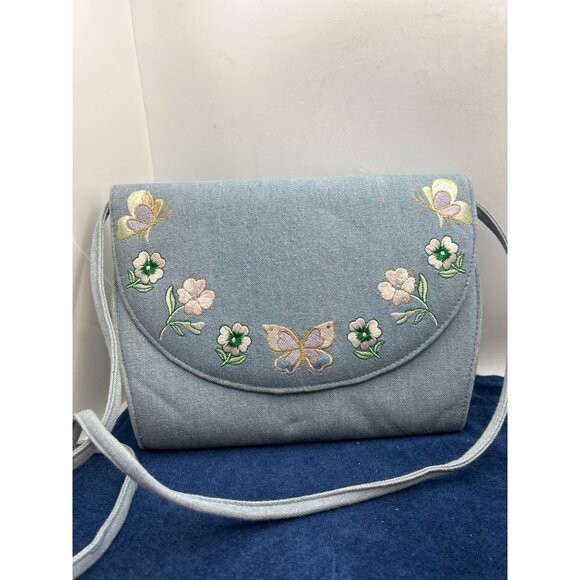 Vintage Denim Embroidered Butterfly & Flower Crossbody Bag Marlo - Picture 1 of 10